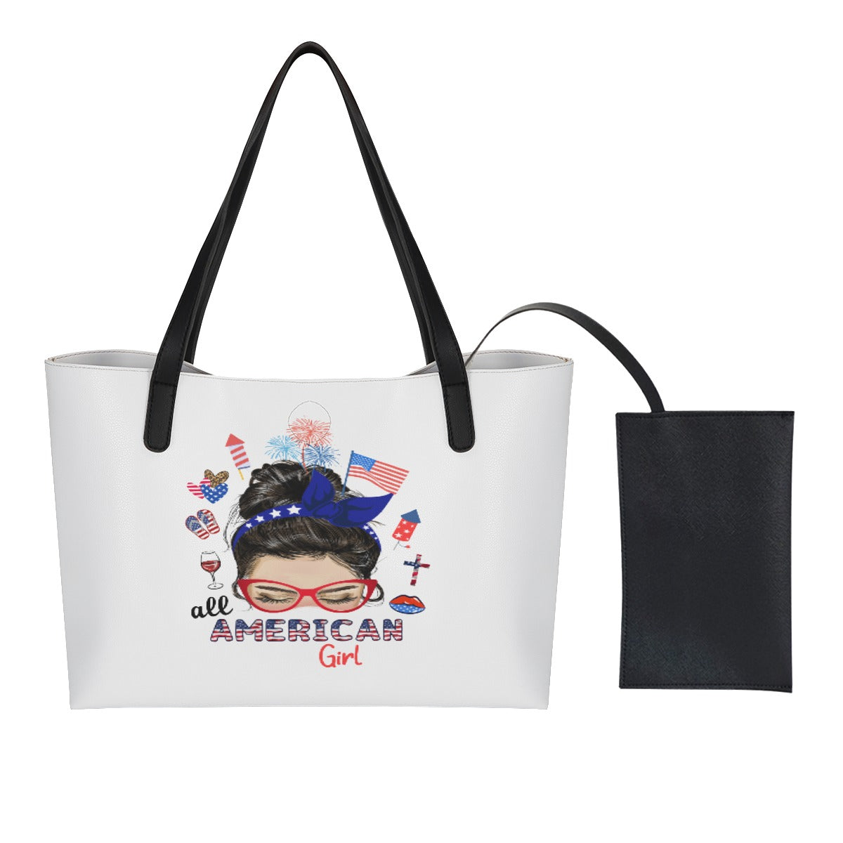 All American Girl Messy Bun Shopping Tote Bag With Black Mini Purse