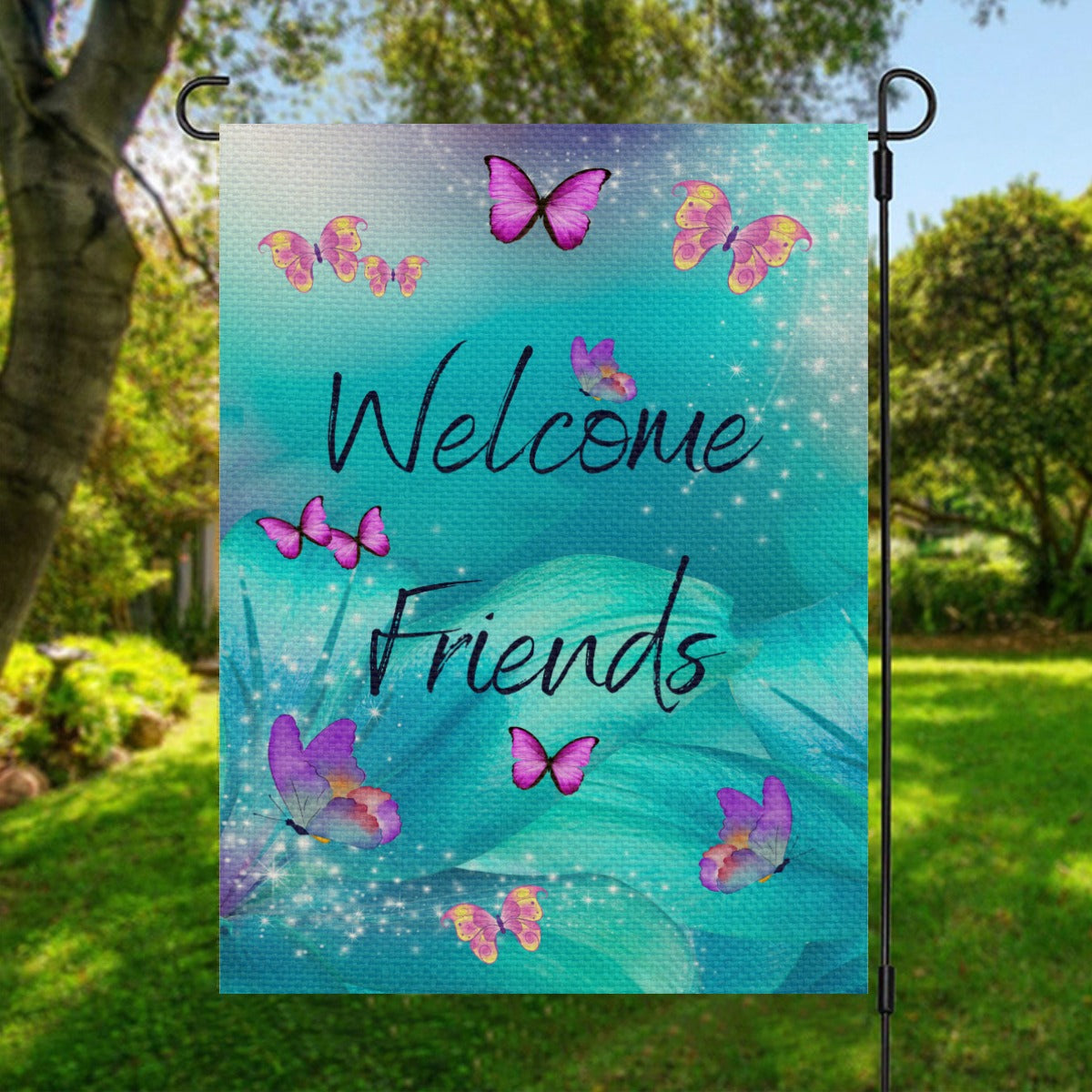 Welcome Friends Turquoise Butterflies Double Side Print Garden Flag